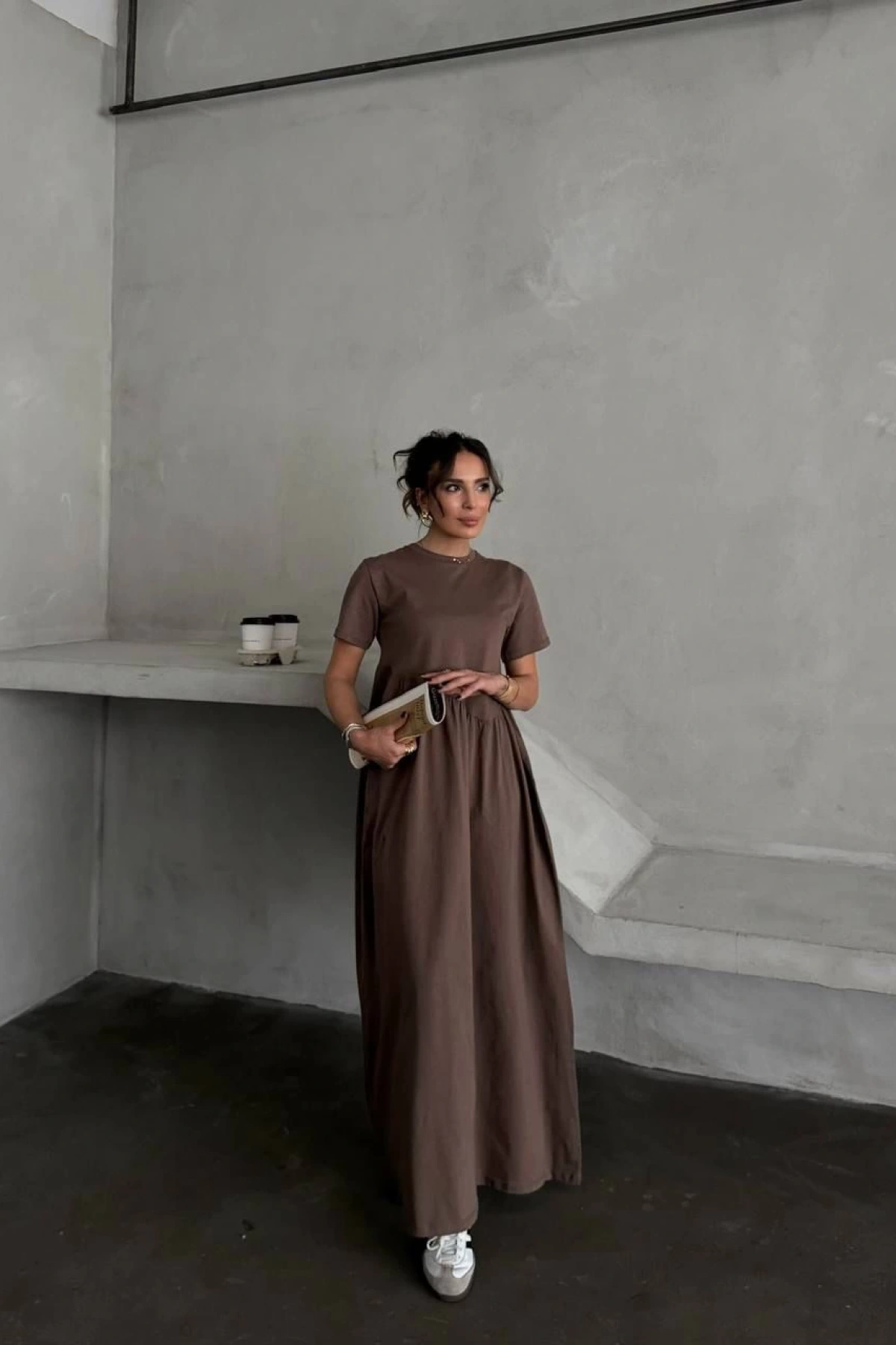 Perla Kısa Kol Elbise - Kahve