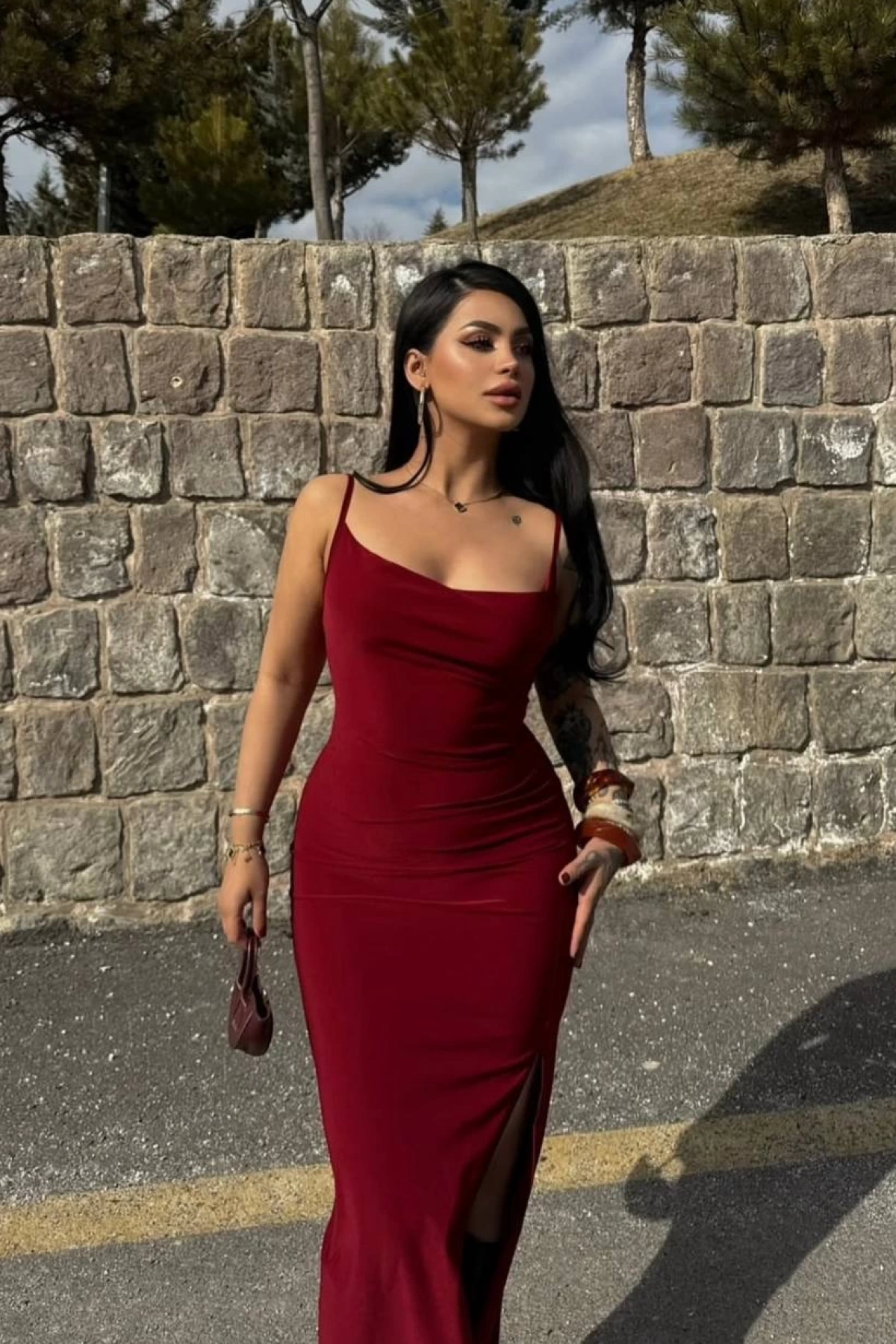 Degaje Yaka Sandy Elbise - Bordo