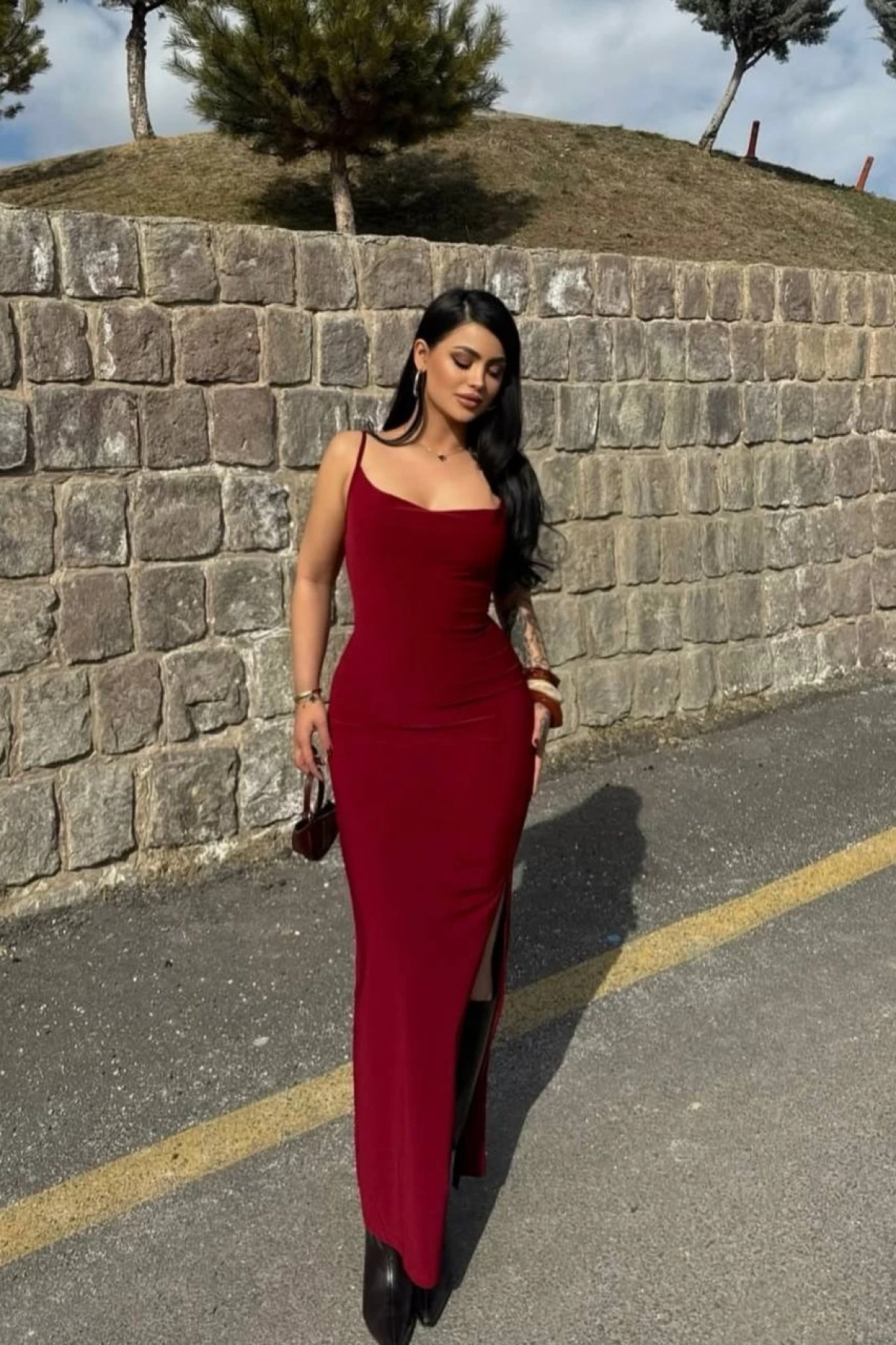 Degaje Yaka Sandy Elbise - Bordo