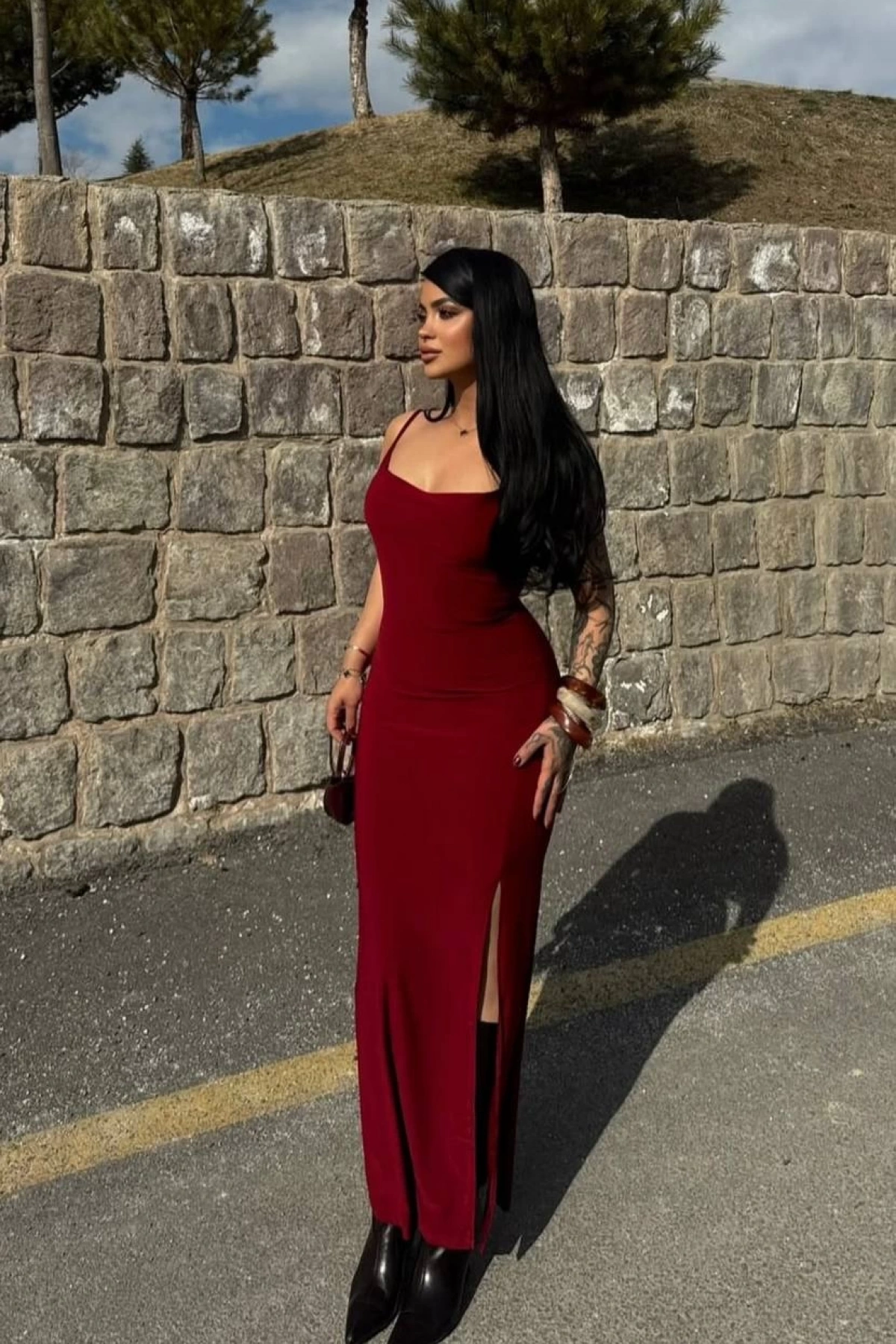 Degaje Yaka Sandy Elbise - Bordo