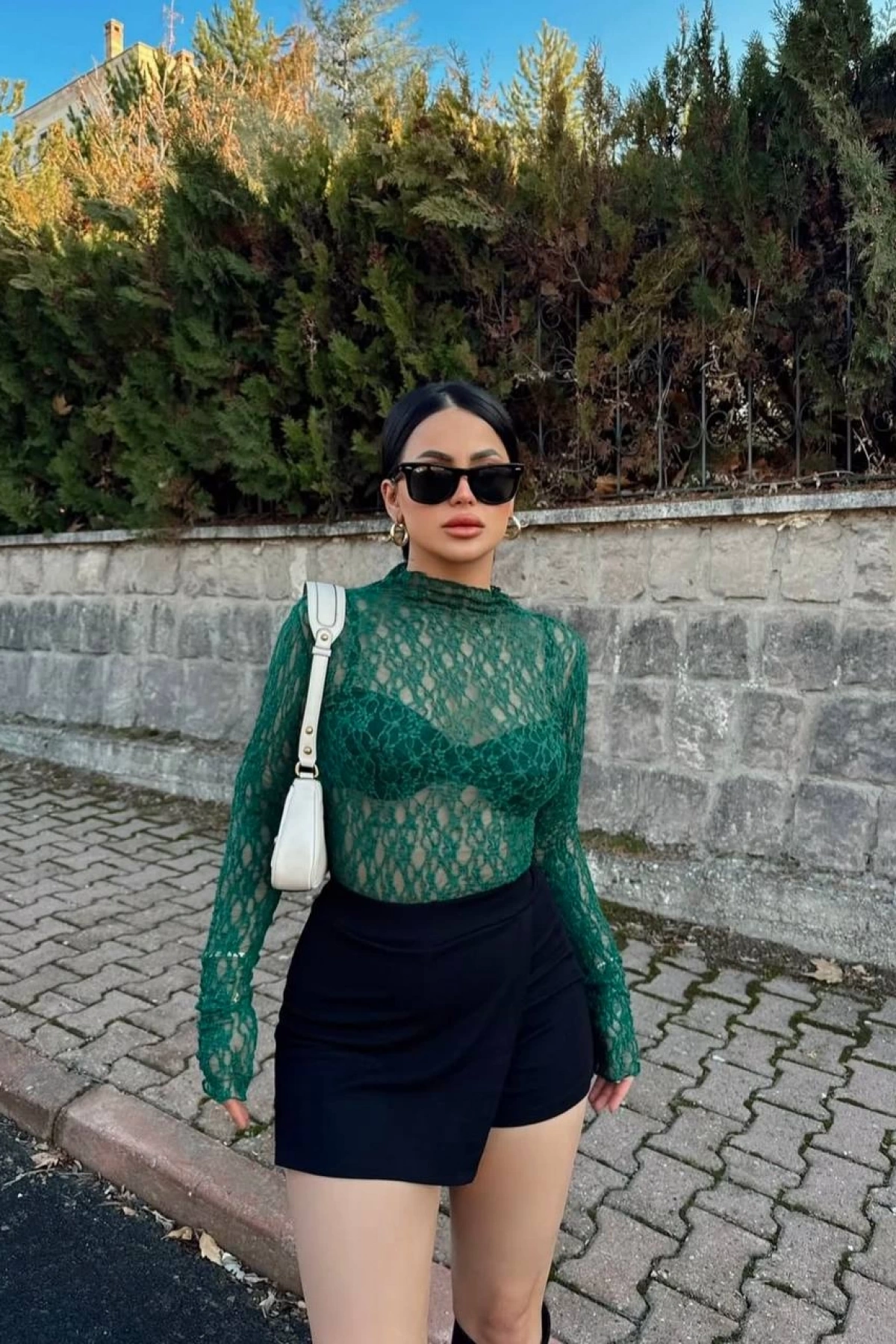 Dantel Crop Bluz - Yeşil