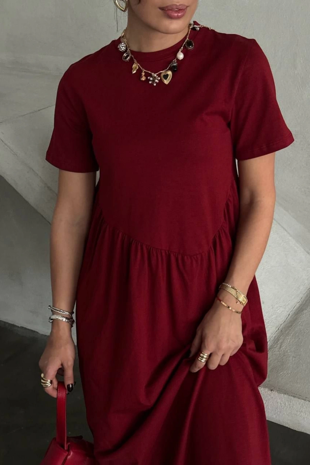 Perla Kısa Kol Elbise - Bordo