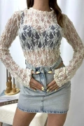 Dantel Crop Bluz - Krem