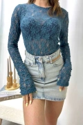 Dantel Crop Bluz - Petrol Mavisi