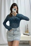 Dantel Crop Bluz - Petrol Mavisi