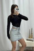 Dantel Crop Bluz - Siyah