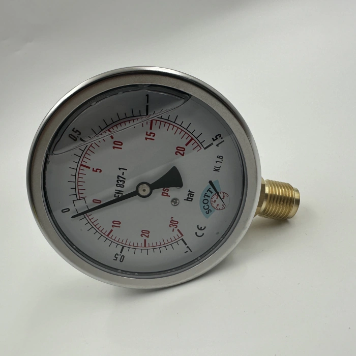 Manometre Gliserinli Alttan Çıkışlı Q100 - 0 - 1 + 1.5 Bar 1/2