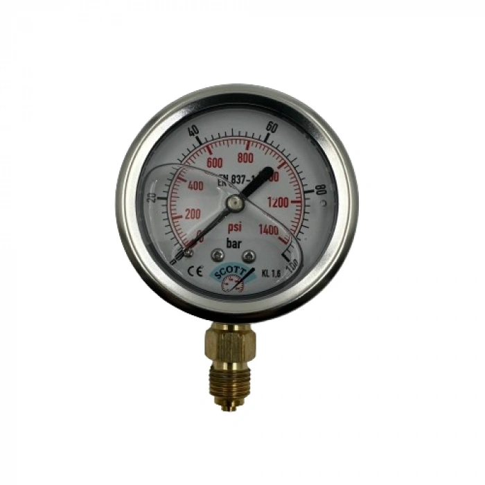 Manometre Gliserinli Alttan Çıkışlı Q63 - 0 - 100 Bar 1/4