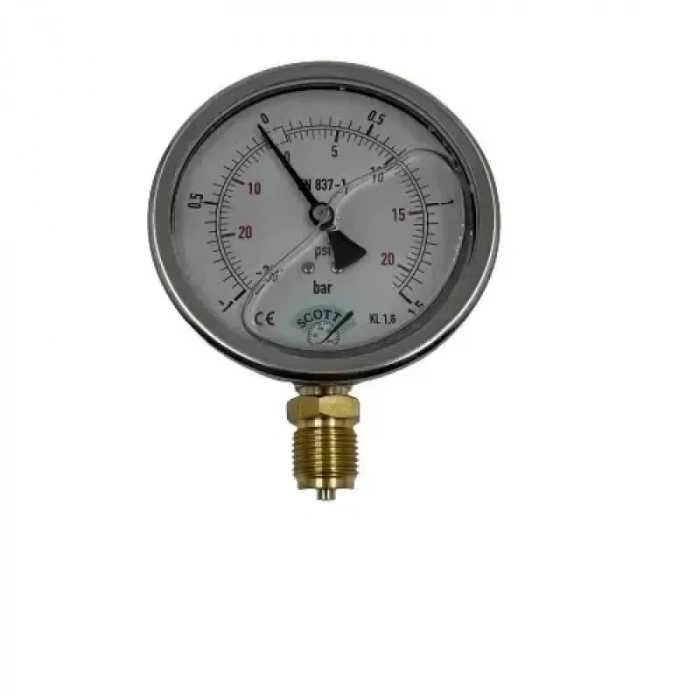 Manometre Gliserinli Alttan Çıkışlı Q100 - 0 - 1 + 1.5 Bar 1/2
