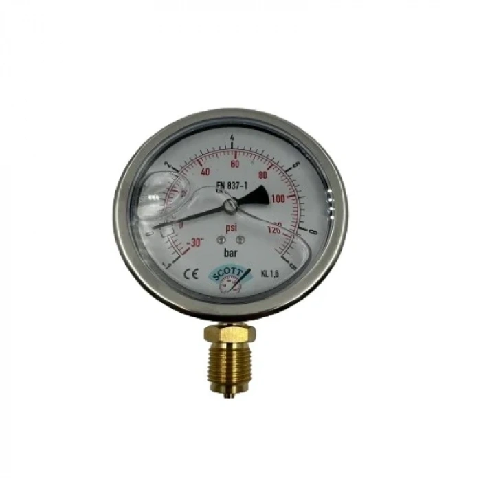 Manometre Gliserinli Alttan Çıkışlı Q100 - 0 - 1 + 9 Bar 1/2