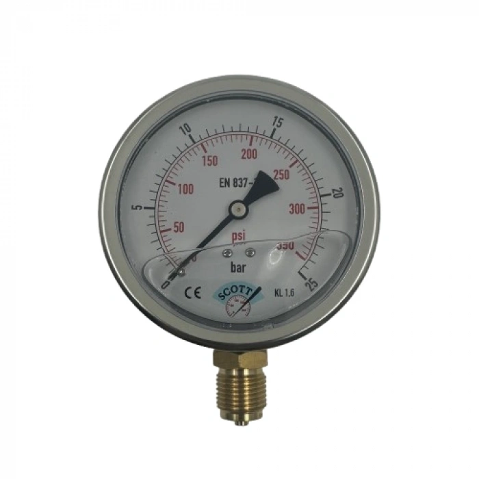 Manometre Gliserinli Alttan Çıkışlı Q100 - 0 - 25 Bar 1/2