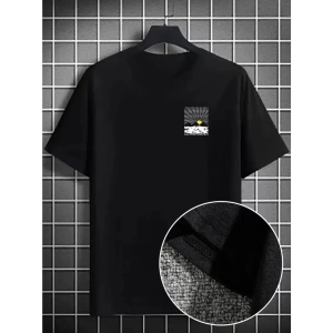 Erkek Dağ Grafikli Tişört, Yaz için Büyük Beden Rahat T-shirt - Siyah