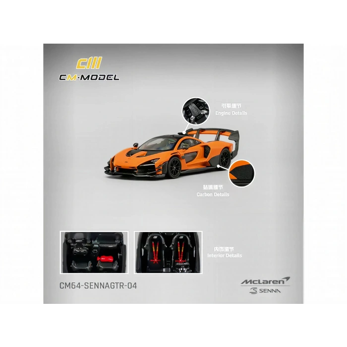 CM Model 1/64 McLaren Senna GTR Orange Metallic with Carbon Hood and Black Top