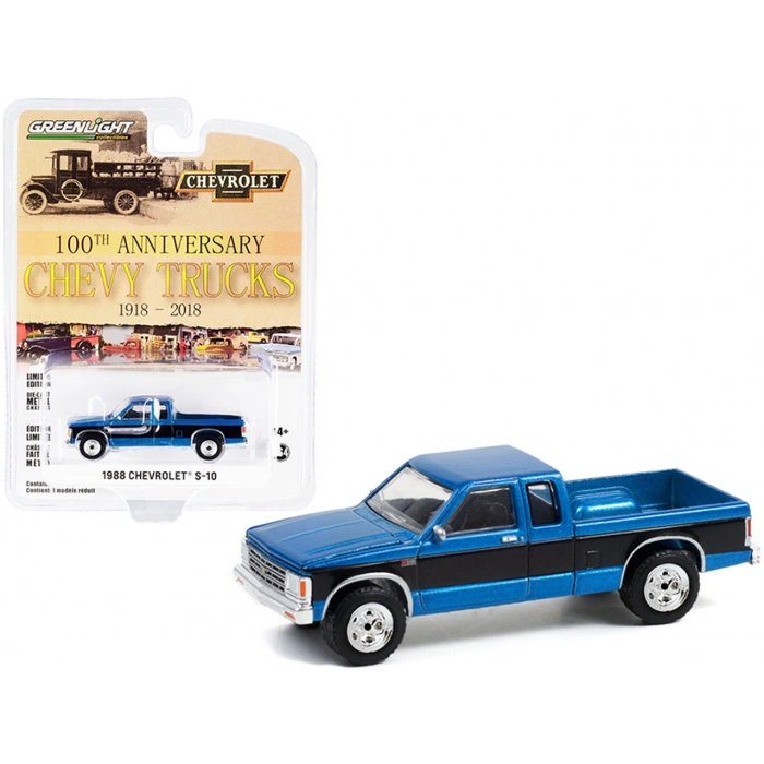 Greenlight 1:64 1988 Chevrolet S-10 4x4 Extended Cab Pickup Truck Blue Metallic and Black 100th Anniversary of Chevy Trucks