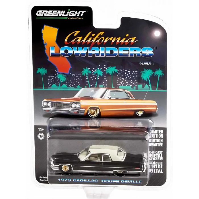 Greenlight 1/64 California Lowriders Series 1 - 1973 Cadillac Coupe deVille - Black with Gold Wheels Solid Pack 63010-E