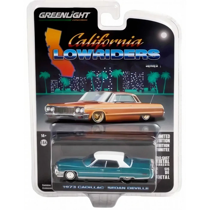 Greenlight 1/64 California Lowriders Series 1 - 1973 Cadillac Sedan deVille - Teal with White Roof Solid Pack 63010-F