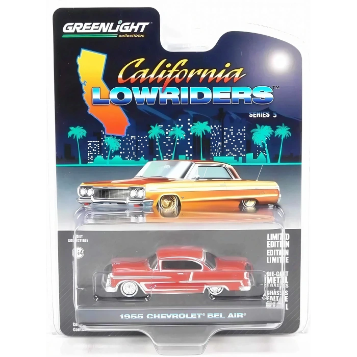 Greenlight 1/64 California Lowriders Series 5 - 1955 Chevrolet Bel Air – Red and Silver Solid Pack 63060-B