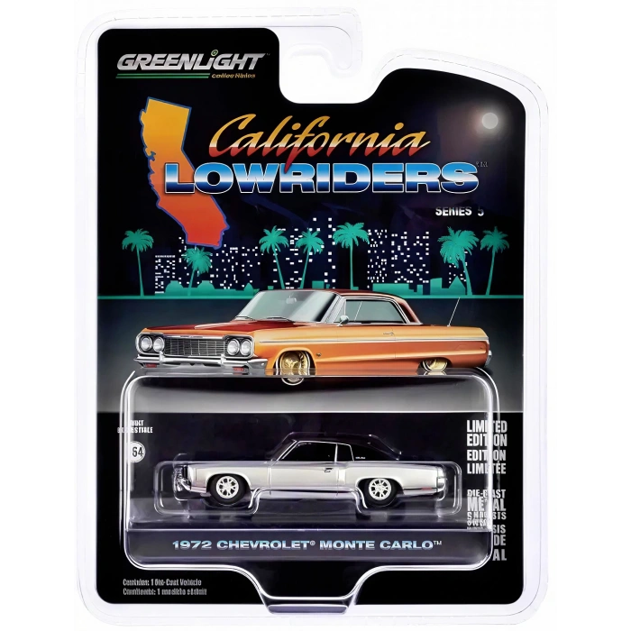 Greenlight 1/64 California Lowriders Series 5 - 1972 Chevrolet Monte Carlo – Silver and Black Solid Pack