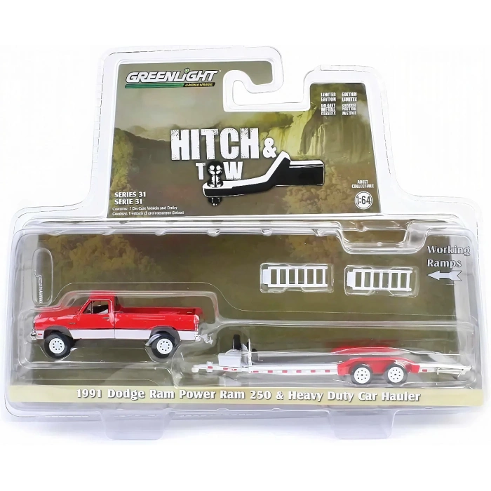 Greenlight 1/64 Hitch & Tow Series 31 - 1991 Dodge Ram Power Ram 250 with Heavy Duty Car Hauler in Red and White