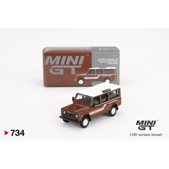 Mini GT MGT00734 1/64 Land Rover Defender 110 1985 County Station Wagon Russet Brown