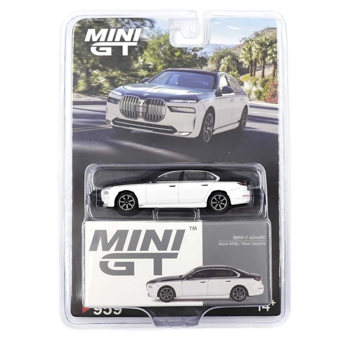 Mini GT 1/64 BMW i7 xDrive60 Alpine White / Black Sapphire - Blister Paket MGT00959-BL