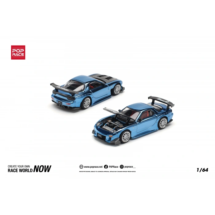 Pop Race 1/64 Mazda RX7 RE-Amemiya Widebody Blue Chorme