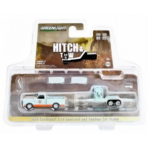 Greenlight 1/64 Hitch & Tow Series 27 - 1968 Chevrolet C-10 Shortbed Gulf Oil and Gulf Oil Tandem Car Trailer Solid Pack 32270-A