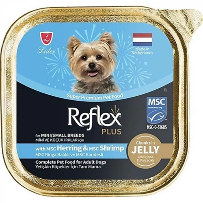 Reflex Jöle Içinde Et Parçacıklı Ringa ve Karidesli Küçük Irk Yetişkin Köpek Konservesi 85GR