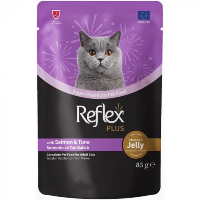 Reflex Plus Jöle Içinde Et Parçacıklı Somonlu ve Ton Balıklı Yetişkin Kedi Maması 85 gr