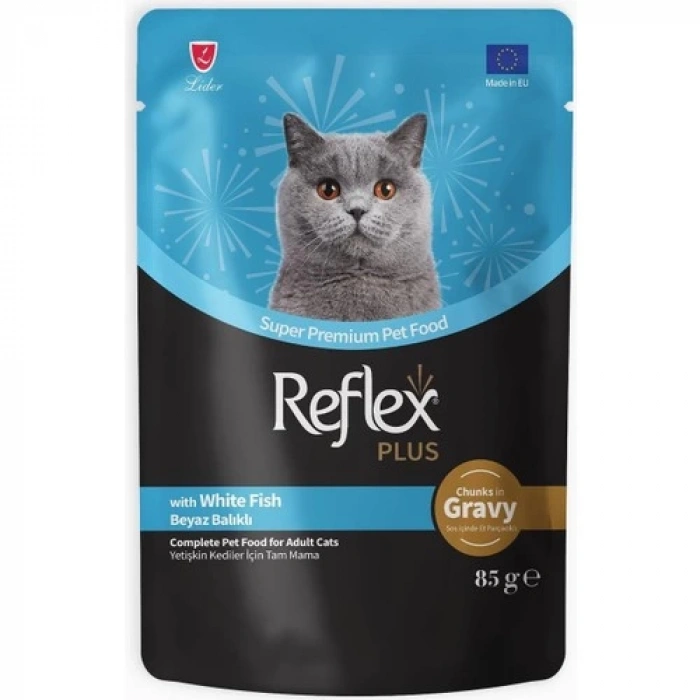 Reflex Plus Sos Içinde Et Parçacıklı Beyaz Balıklı Yetişkin Kedi Maması 85 gr