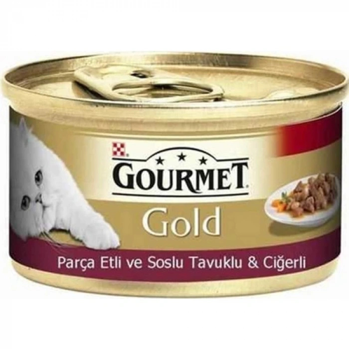 Gourmet Gold Parça Etli Soslu Tavuklu Ciğerli Yetişkin Kedi Konservesi 85GR