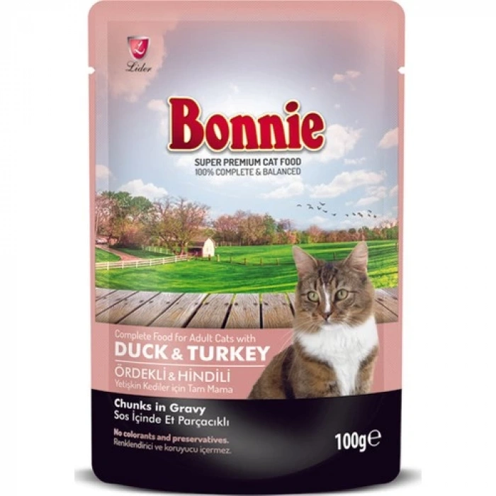 Bonnie Pouch Ördekli ve Hindili Yetişkin Kedi Konservesi 100GR