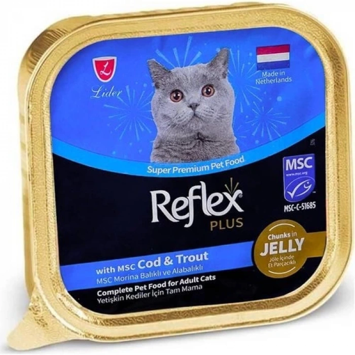 Reflex Plus Jöle Içinde Et Parçacıklı Morina Balıklı ve Alabalıklı Kedi Konservesi 85 gr