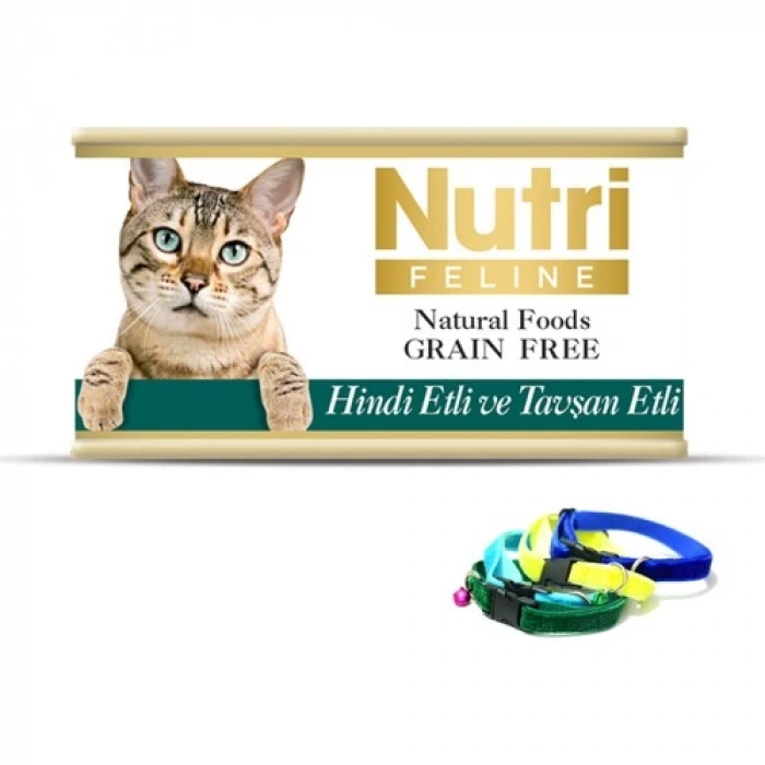 Nutri Feline Hindi Etli ve Tavşan Etli Tahılsız Yetişkin Kedi Maması 85 gr ve Kedi Tasması