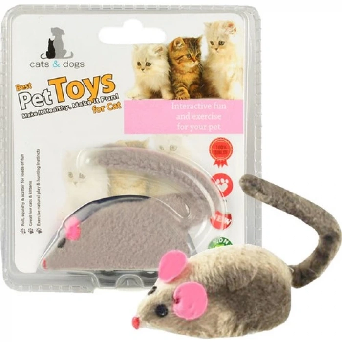 Flip Kurmalı Peluş Fare Kedi Oyuncağı Gri 7X4CM (Gri)