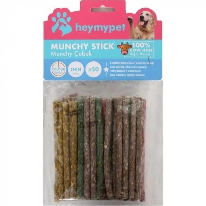 Heymy Pet Deri Munchy Çubuk Ince Boy 50Lİ Paket Karışık Renk