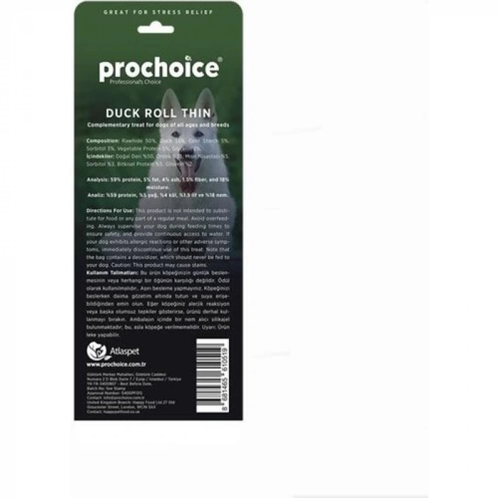 Prochoice Duck Roll Thin, Ördek Derili Köpek Ödül Çubuğu 2 Parça