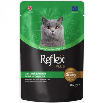 Reflex Plus Sos Içinde Et Parçacıklı Ördekli ve Tavşanlı Yetişkin Kedi Maması 85 gr