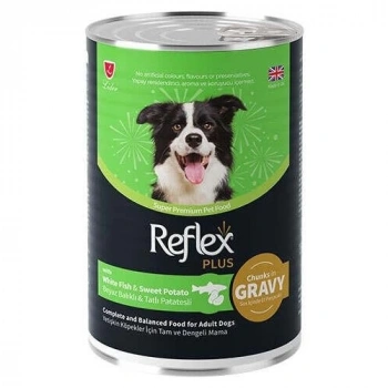Reflex Plus Beyaz Balıklı ve Tatlı Patates Et Parçacıklı Soslu Köpek Konservesi 400 gr