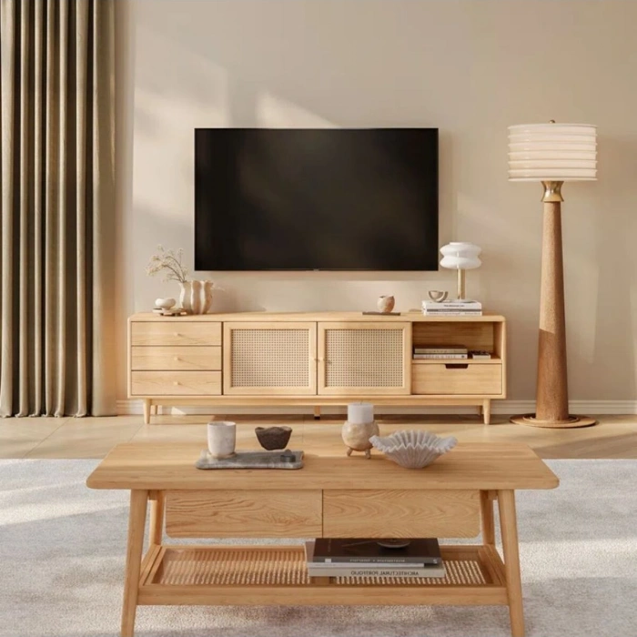 Ahşap Rattan Kapak Detaylı Modern Tv Ünitesi