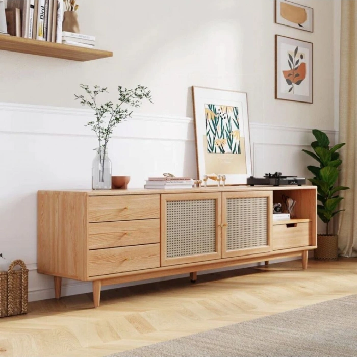 Ahşap Rattan Kapak Detaylı Modern Tv Ünitesi