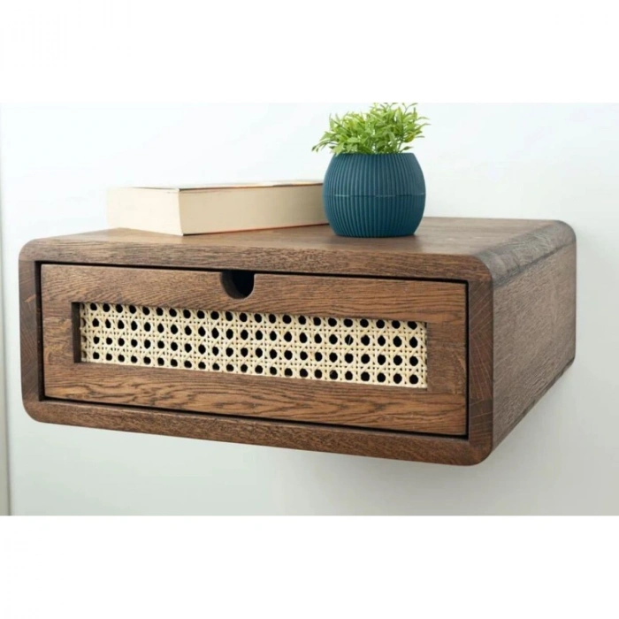 Ahşap Rattan Detay Duvara Monte Modern Komodin