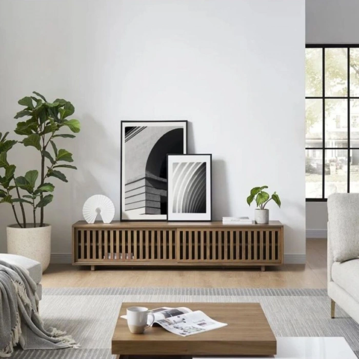 Linea Ahşap Modern TV Ünitesi Sürgü Izgara Kapaklı