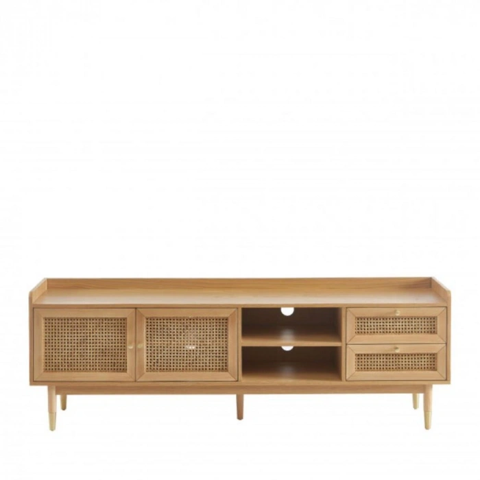 Scandi Tarzı TV Ünitesi – Bombong 180 cm, Ahşap & Rattan Detaylı
