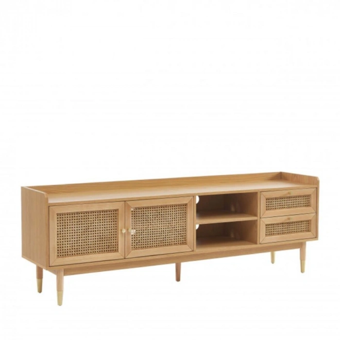 Scandi Tarzı TV Ünitesi – Bombong 180 cm, Ahşap & Rattan Detaylı