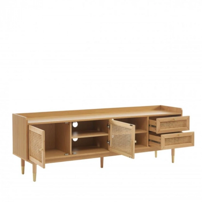 Scandi Tarzı TV Ünitesi – Bombong 180 cm, Ahşap & Rattan Detaylı