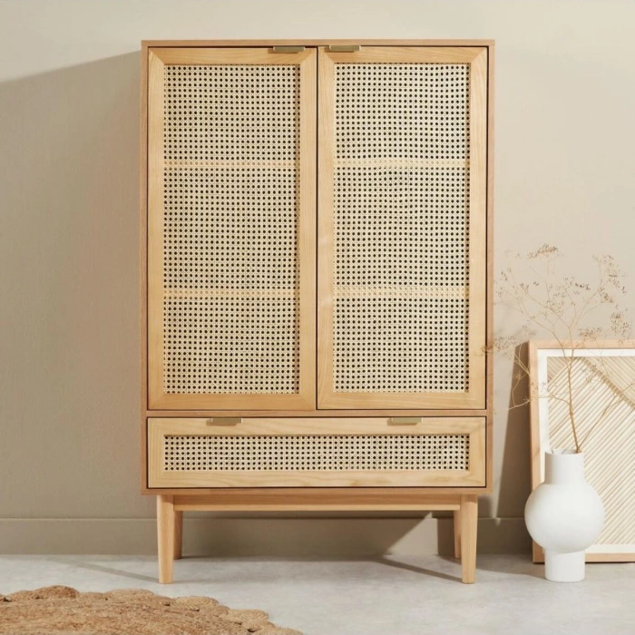 Sheldon Doğal Ahşap Rattan Kapaklı Gardırop - Modern Minimalist Dolap