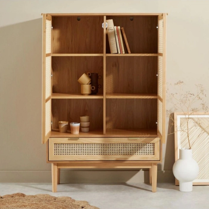Sheldon Doğal Ahşap Rattan Kapaklı Gardırop - Modern Minimalist Dolap
