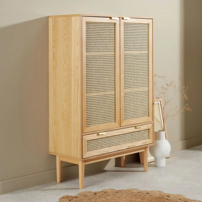 Sheldon Doğal Ahşap Rattan Kapaklı Gardırop - Modern Minimalist Dolap