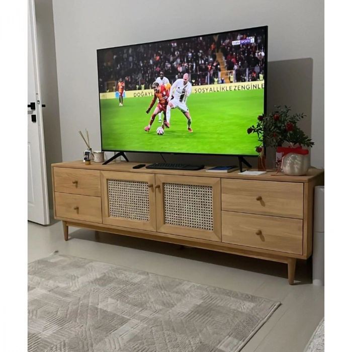 Skara Masif Ahşap Rattan Kapak Detaylı Modern Tv Ünitesi